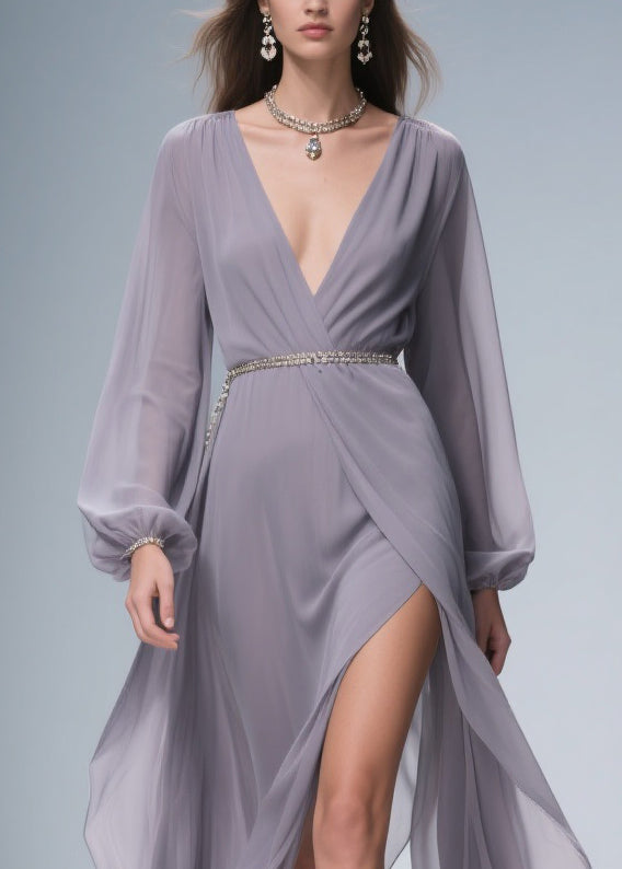 Chiffon Deep V-Neck Bishop Sleeve Metallic Belt Wrap High Split Maxi Gown