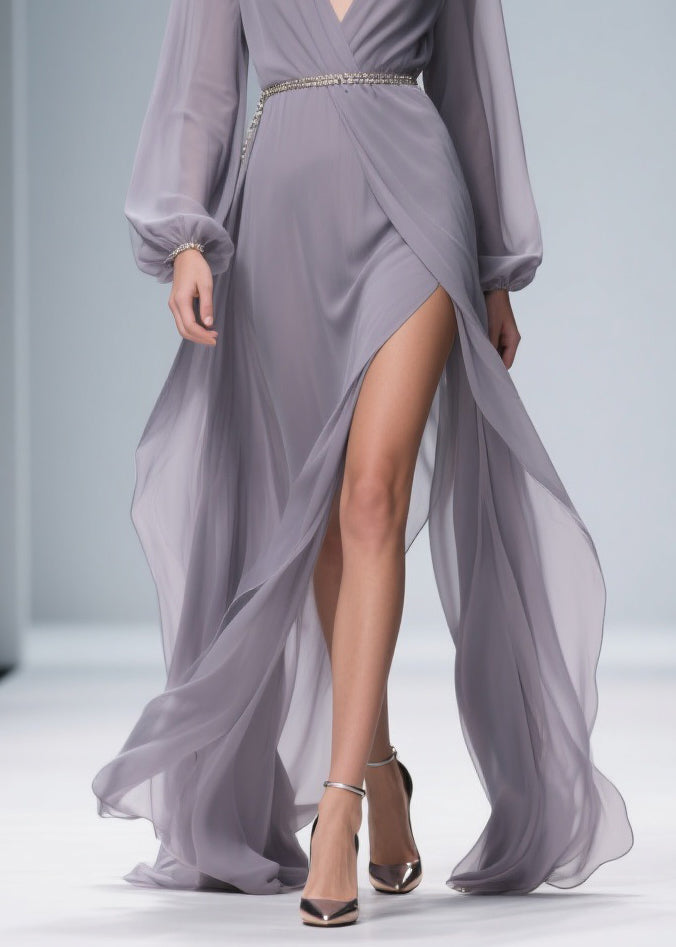 Chiffon Deep V-Neck Bishop Sleeve Metallic Belt Wrap High Split Maxi Gown