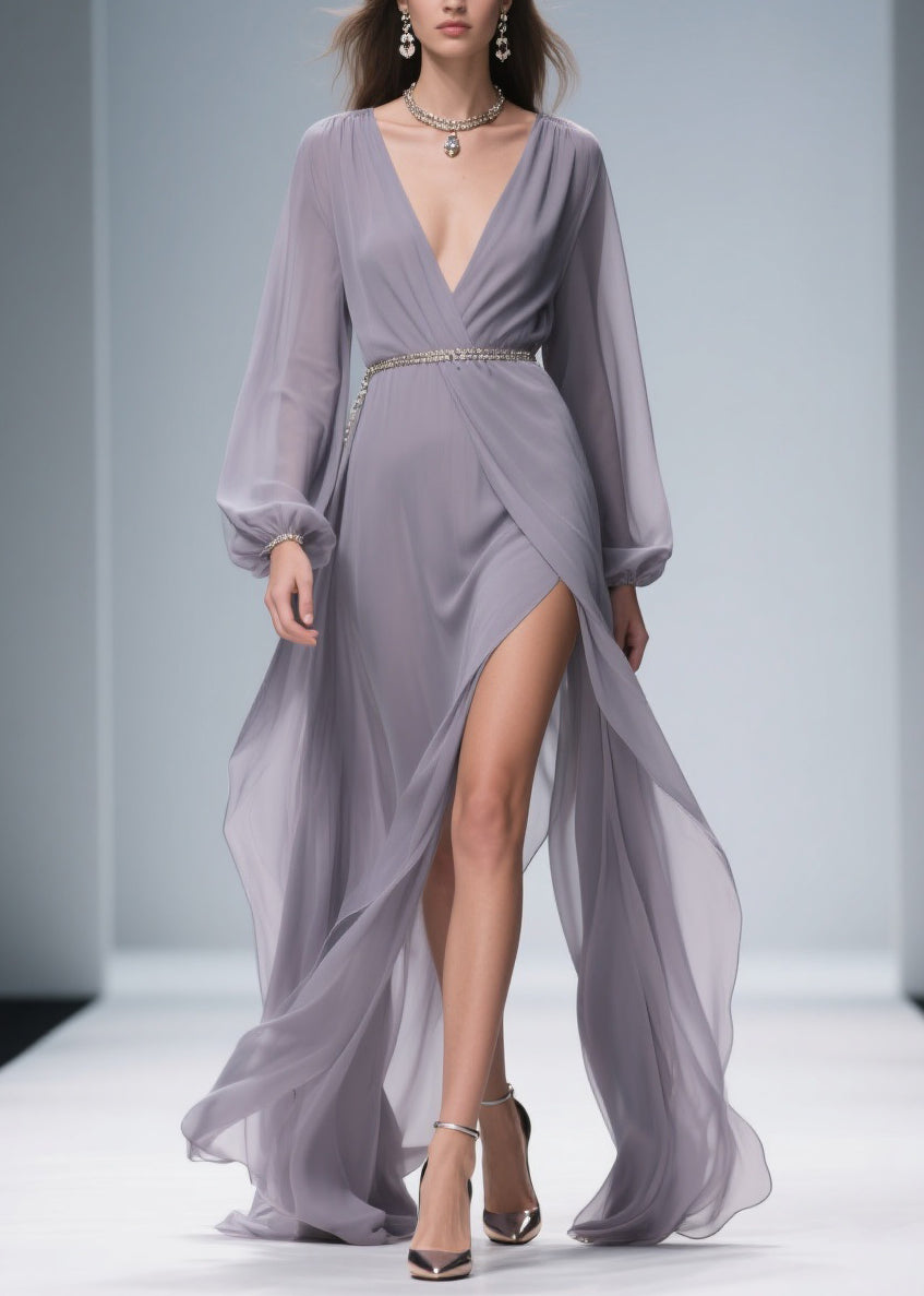 Chiffon Deep V-Neck Bishop Sleeve Metallic Belt Wrap High Split Maxi Gown