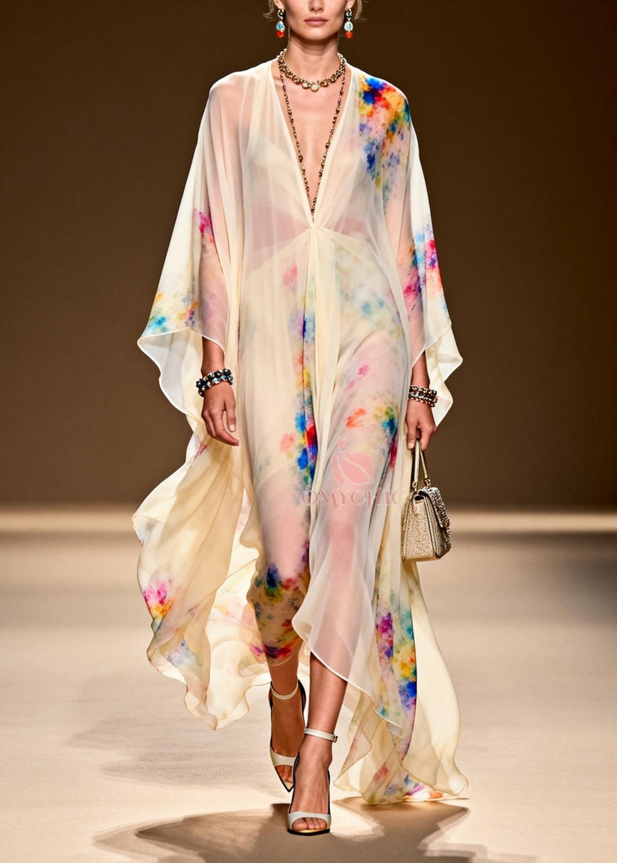 Tie Dye Deep V-Neck Sleeve High Split Sheer Chiffon Maxi Gown