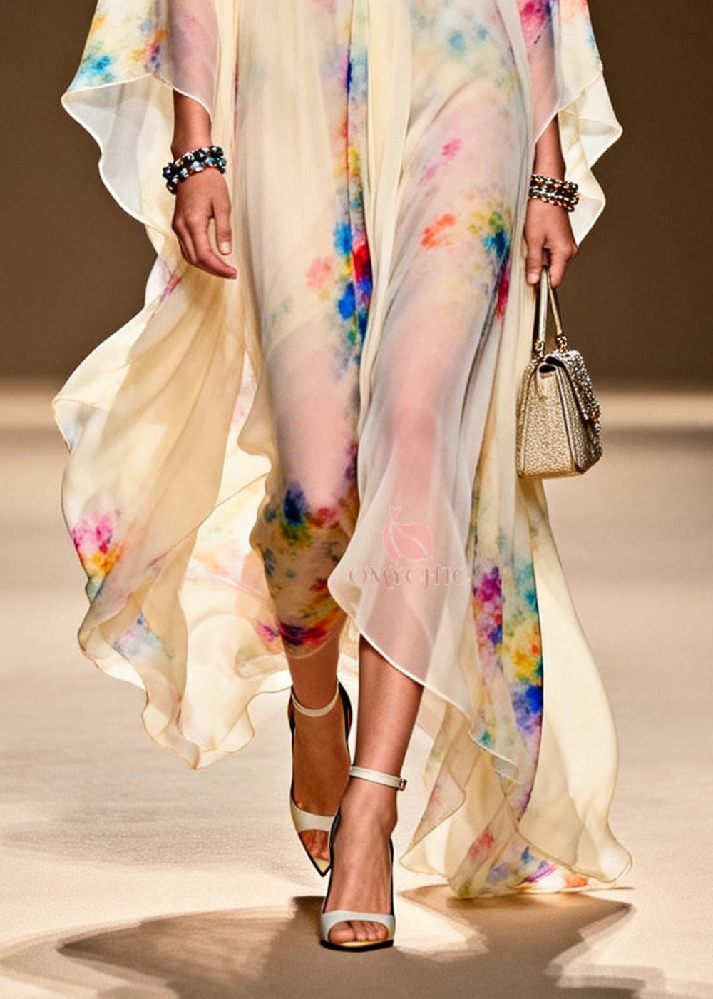 Tie Dye Deep V-Neck Kimono Sleeve High Split Sheer Chiffon Kaftan Maxi Gown