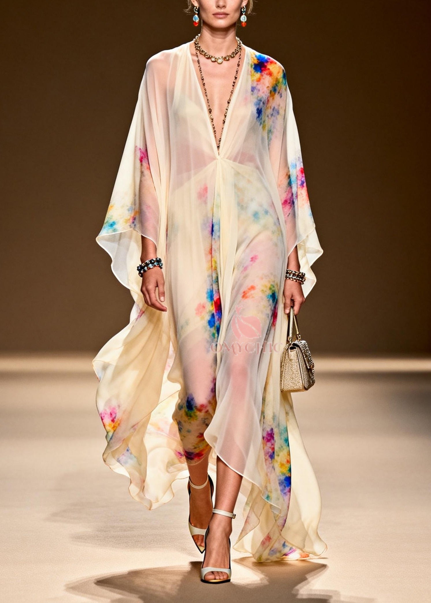 Tie Dye Deep V-Neck Kimono Sleeve High Split Sheer Chiffon Kaftan Maxi Gown