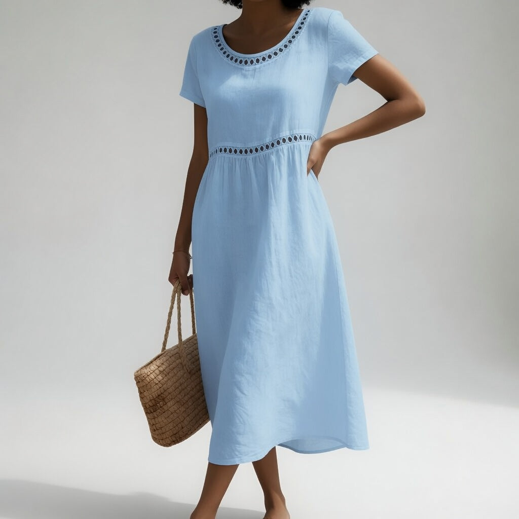Round Neck Short Sleeve Eyelet Trim Midi Dress 6