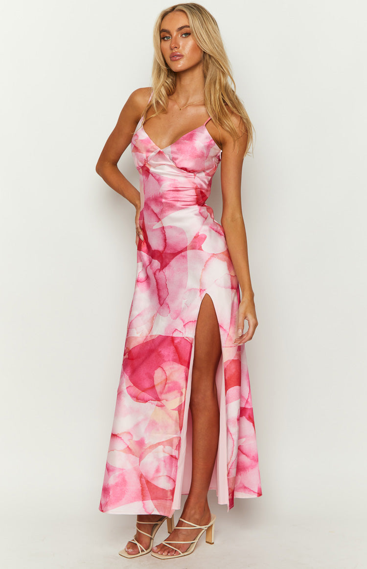Watercolor Print Satin V-Neck High Split Slip Maxi Dress 4