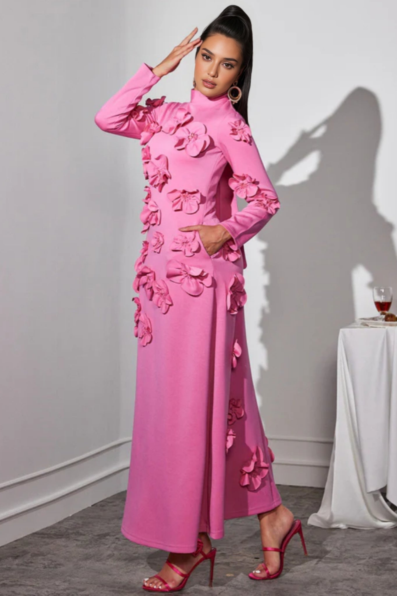 3D Floral High Neck Long Sleeve Maxi Dress