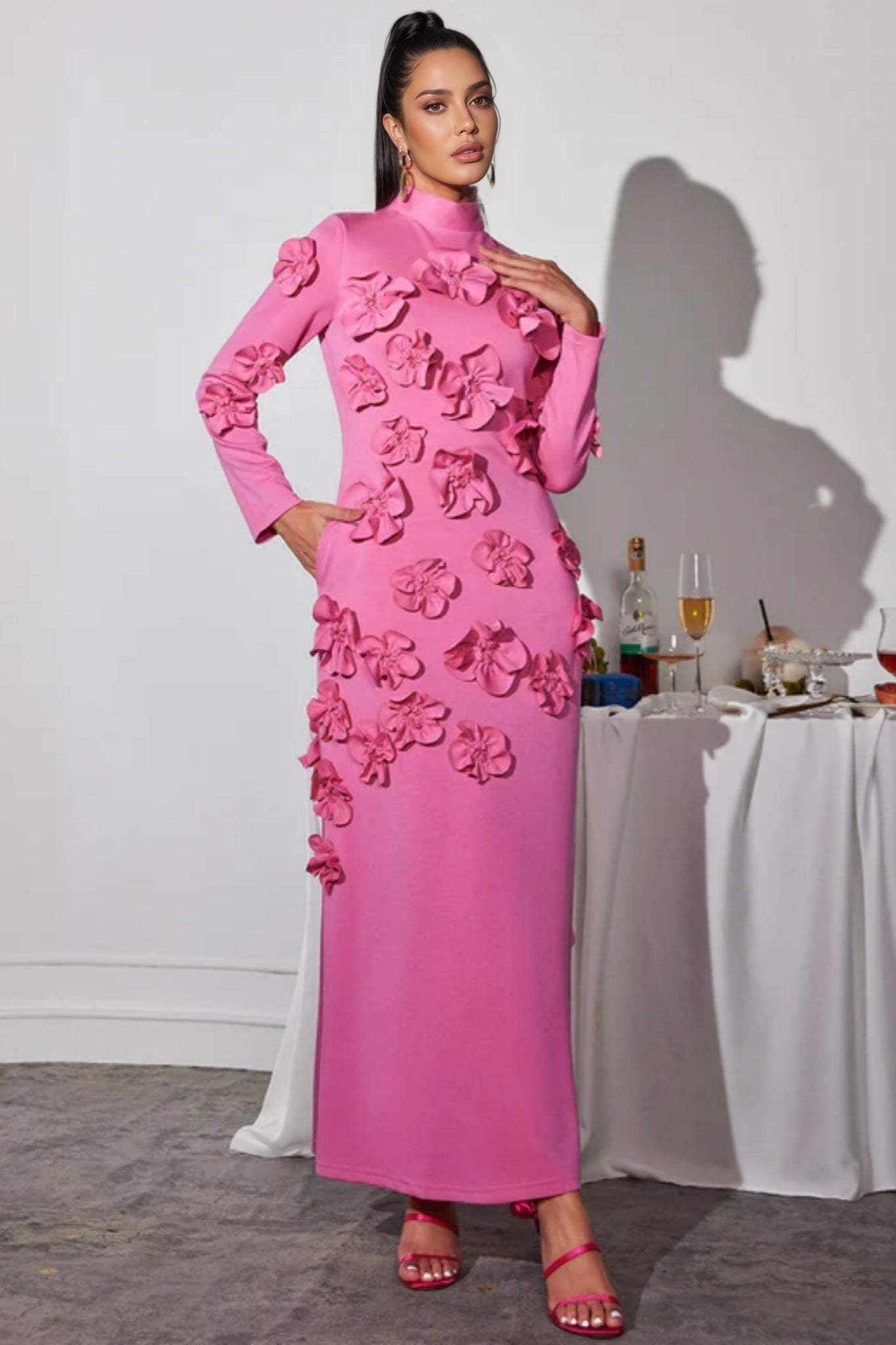 3D Floral High Neck Long Sleeve Maxi Dress