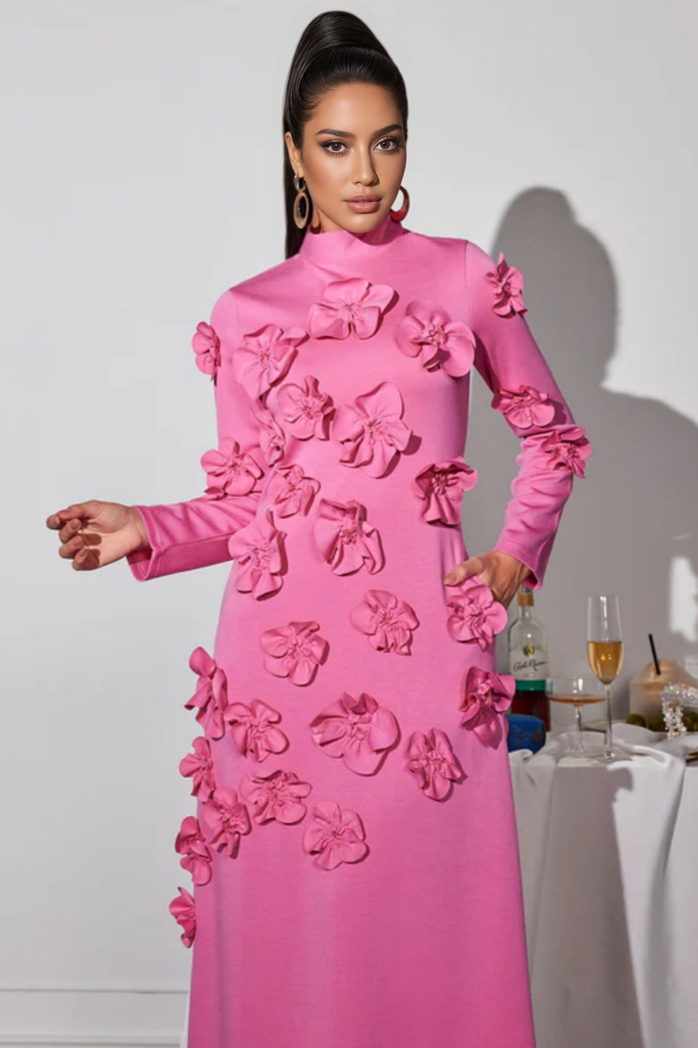 3D Floral High Neck Long Sleeve Maxi Dress
