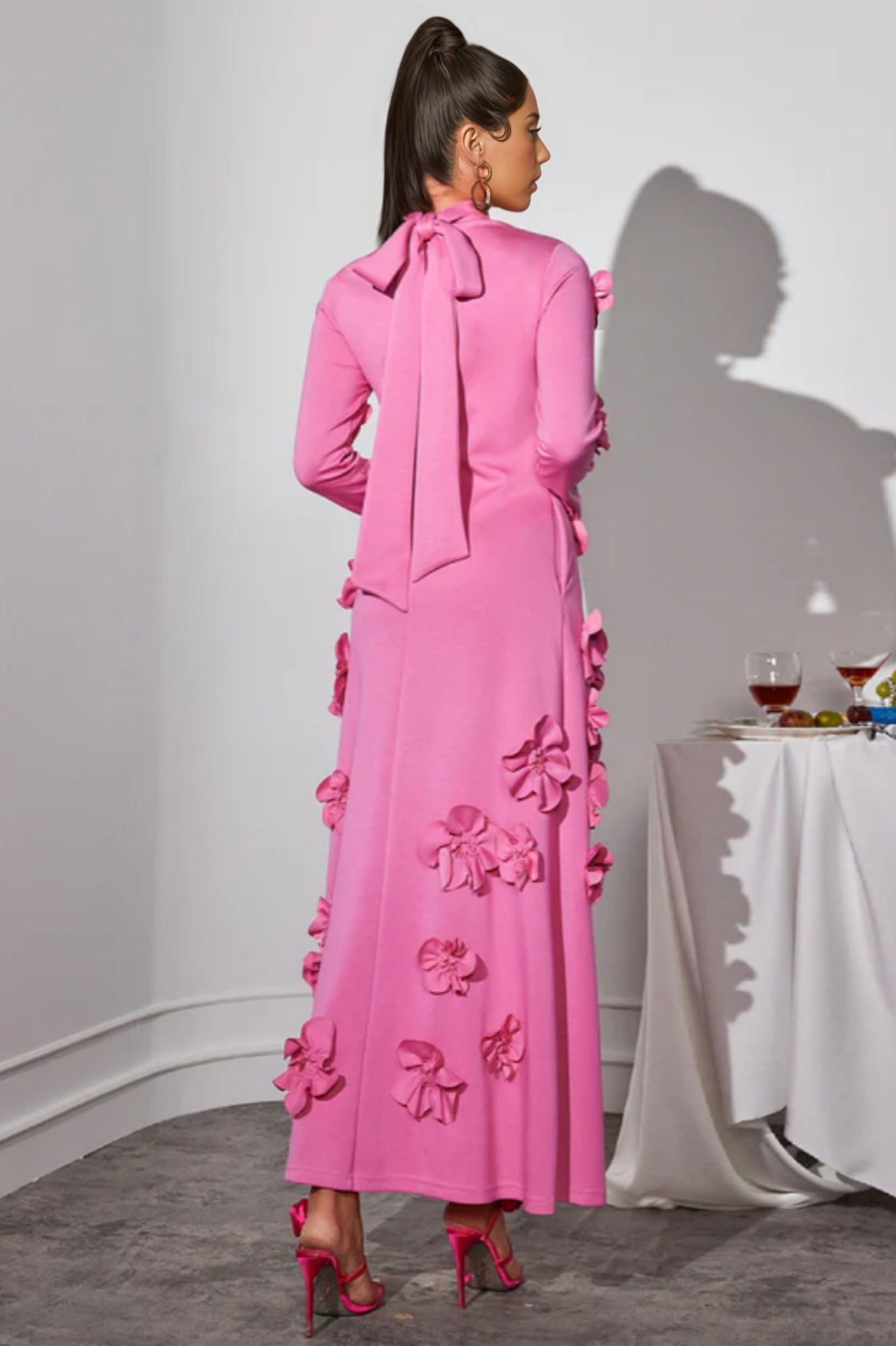 3D Floral High Neck Long Sleeve Maxi Dress