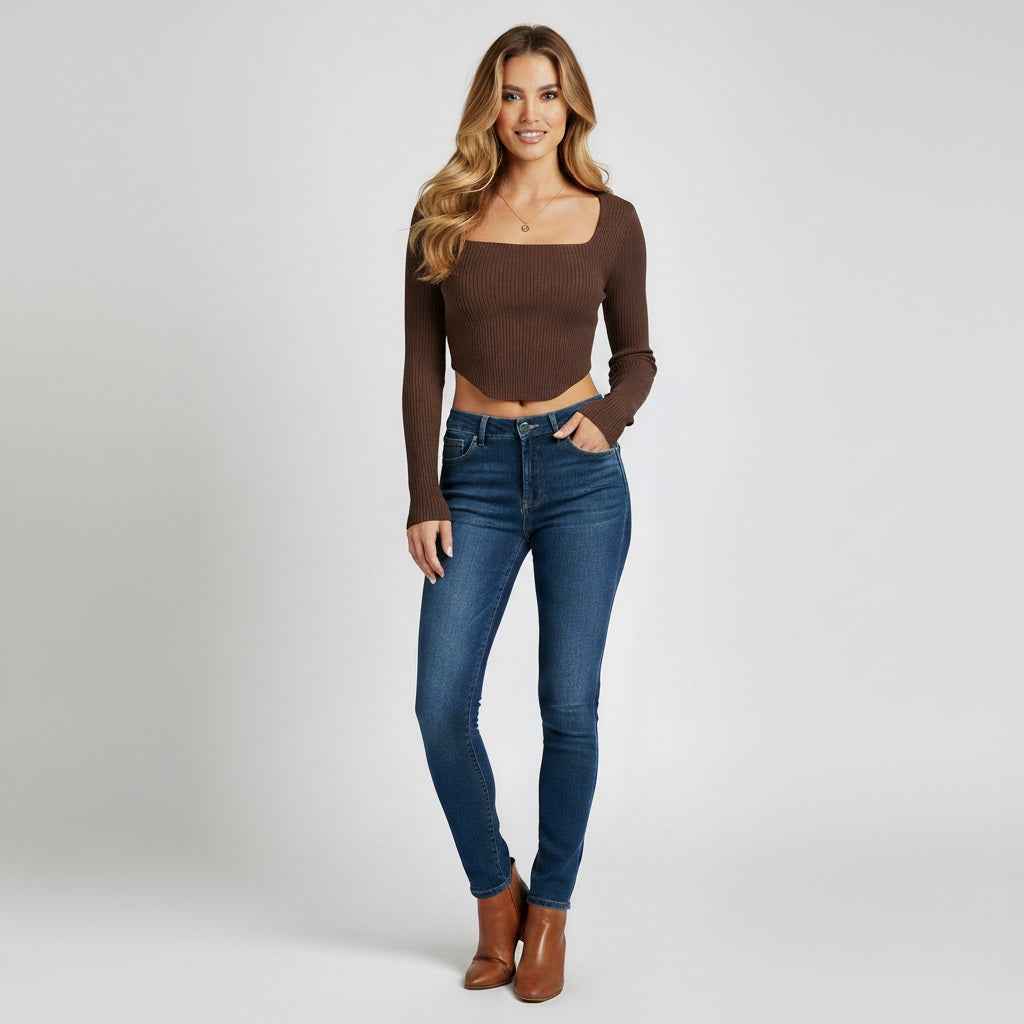 Stylish Ribbed V Neck Crop Top with Comfortable Stretch Fabric