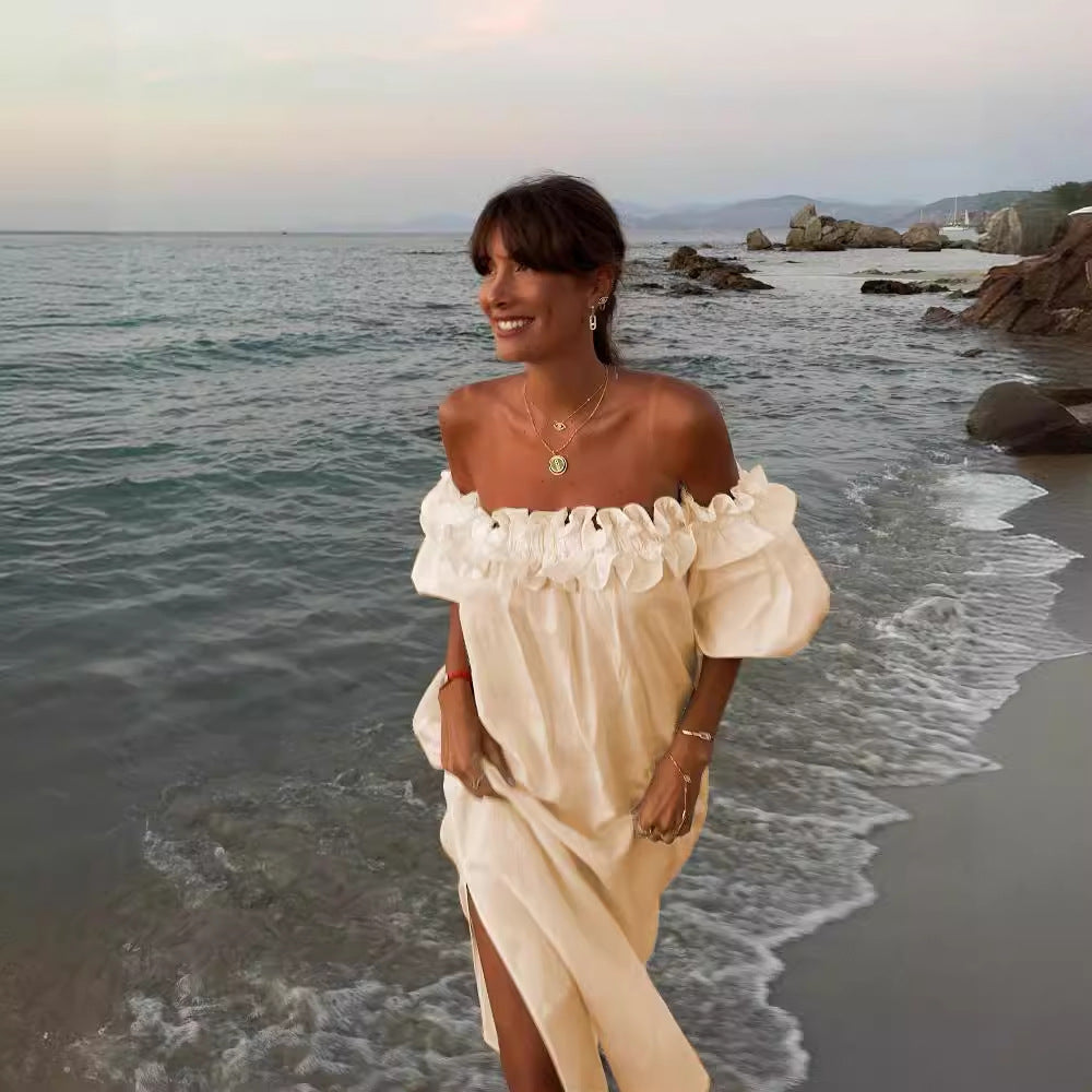 Off Shoulder Puff Sleeve High Split Maxi Dress 5