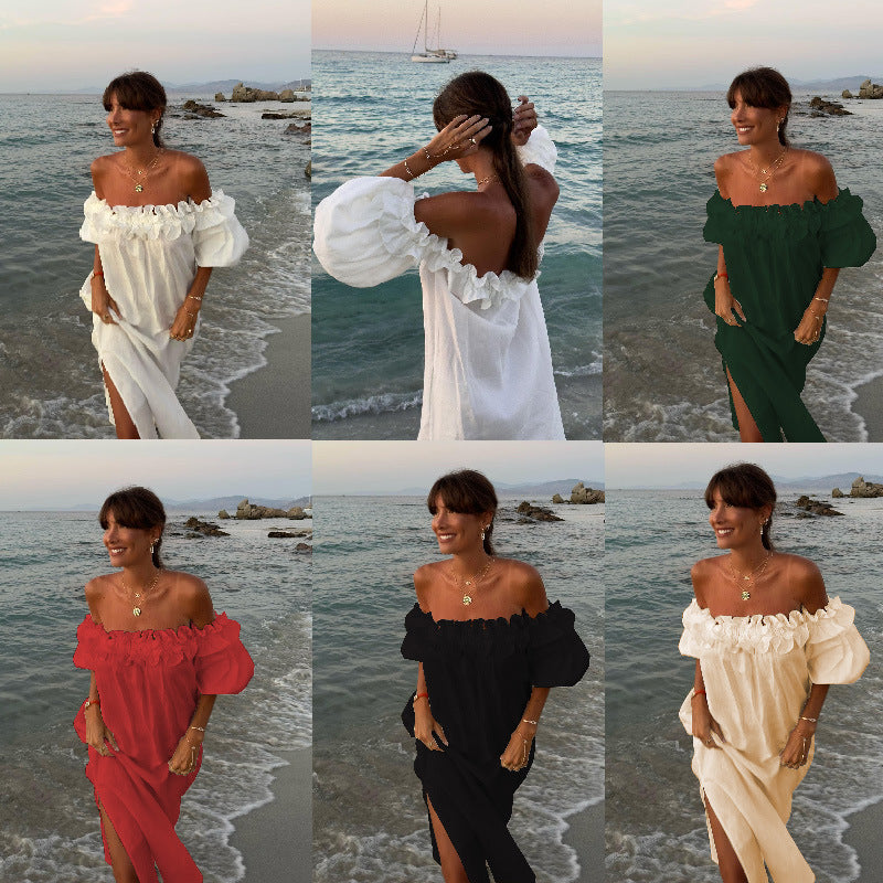Off Shoulder Puff Sleeve High Split Maxi Dress 12