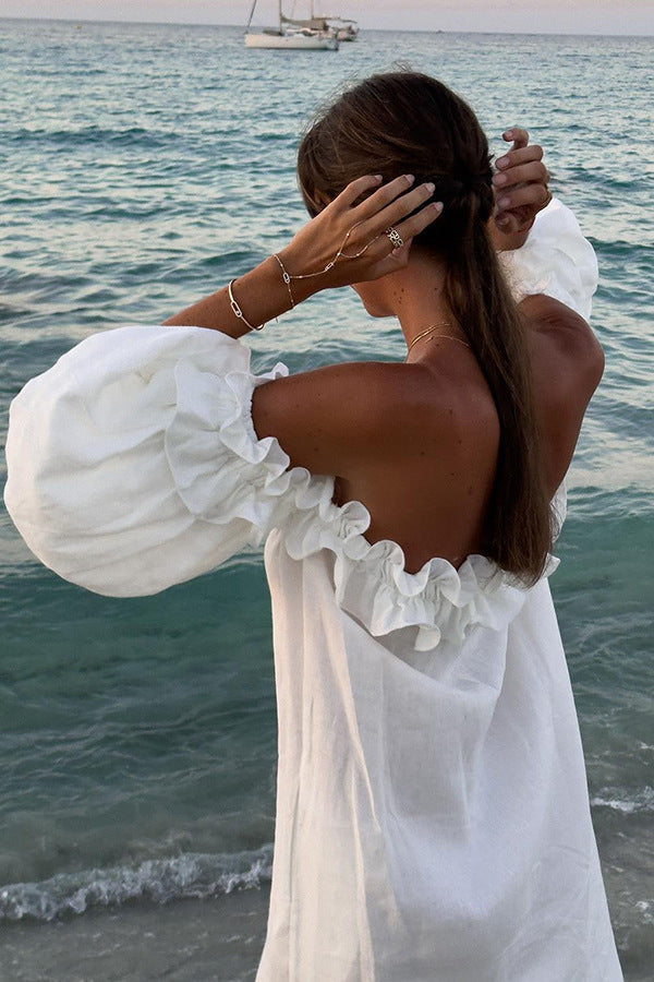 Off Shoulder Puff Sleeve High Split Maxi Dress 16