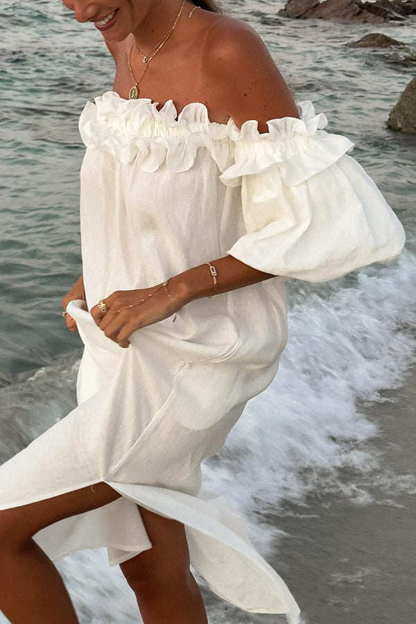 Off Shoulder Puff Sleeve High Split Maxi Dress 19