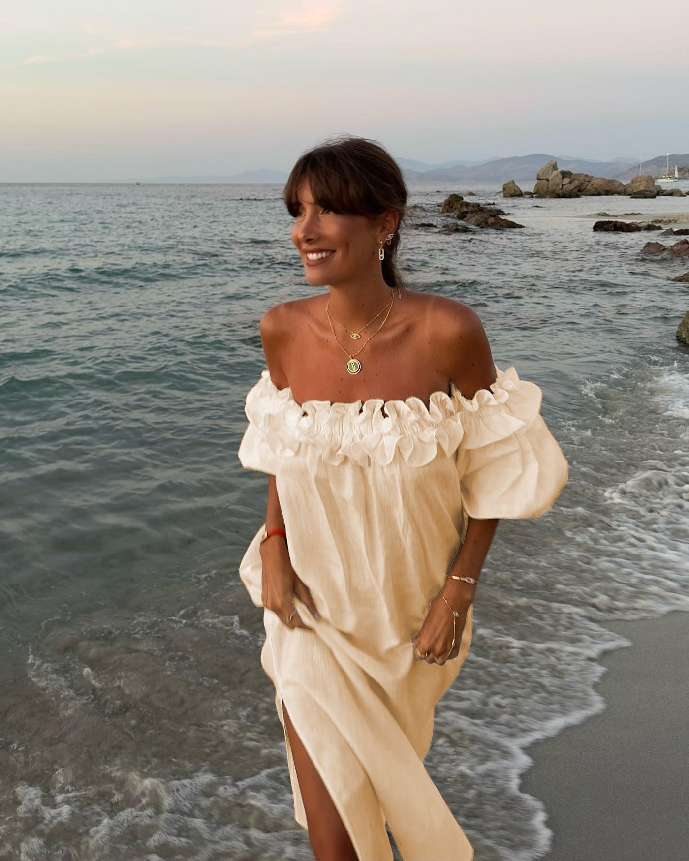 Off Shoulder Puff Sleeve High Split Maxi Dress 25