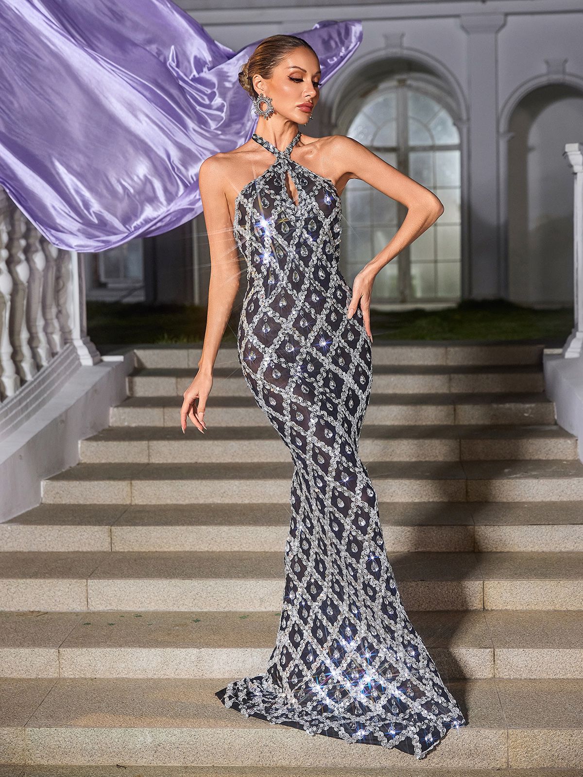 Backless Sequin Crystal Maxi Dress In Black - View 2
