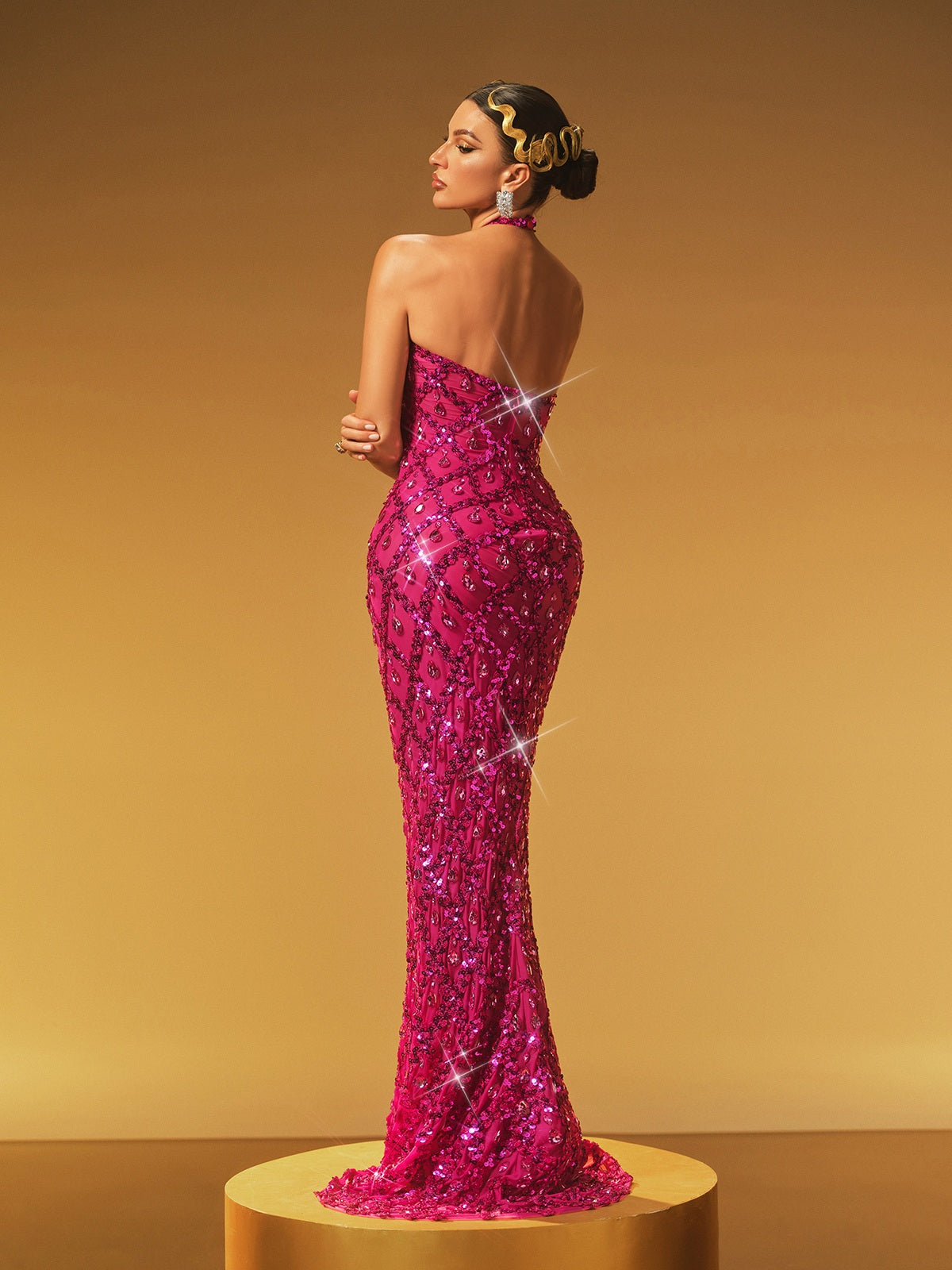 Backless Sequin Crystal Maxi Dress In Hot Pink - View 6
