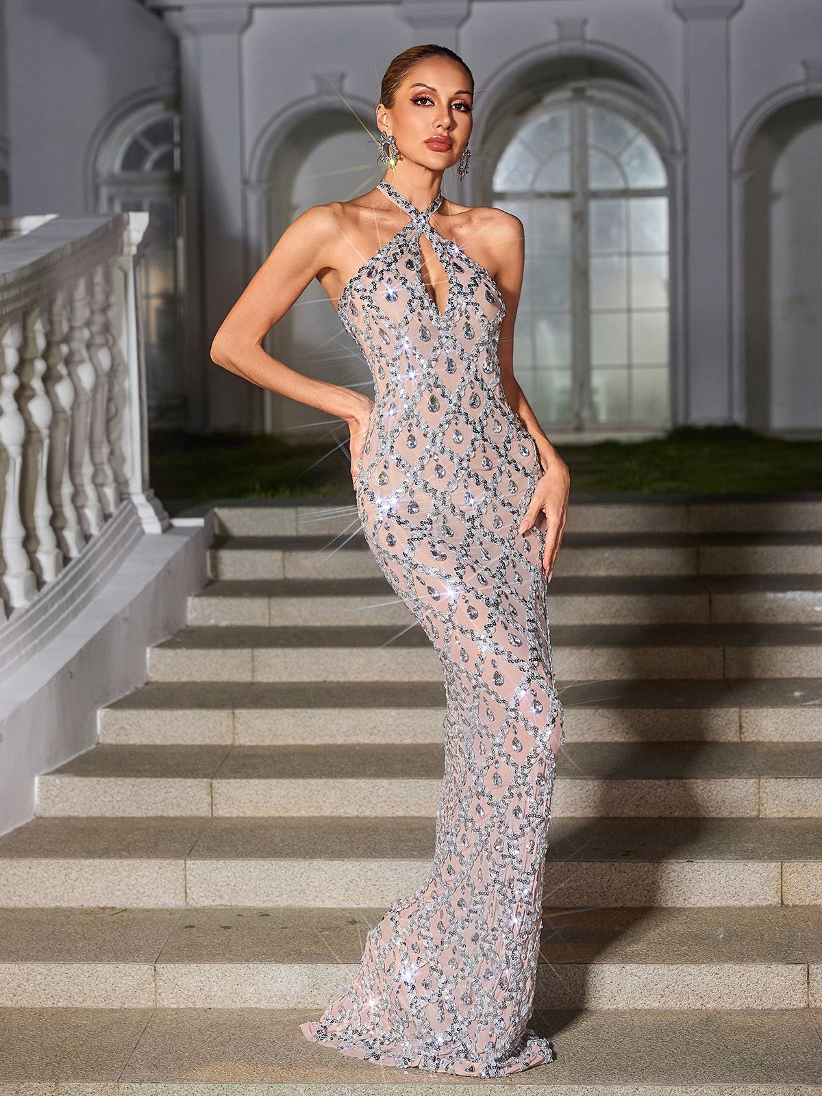 Backless Sequin Crystal Maxi Dress In Nude - View 2