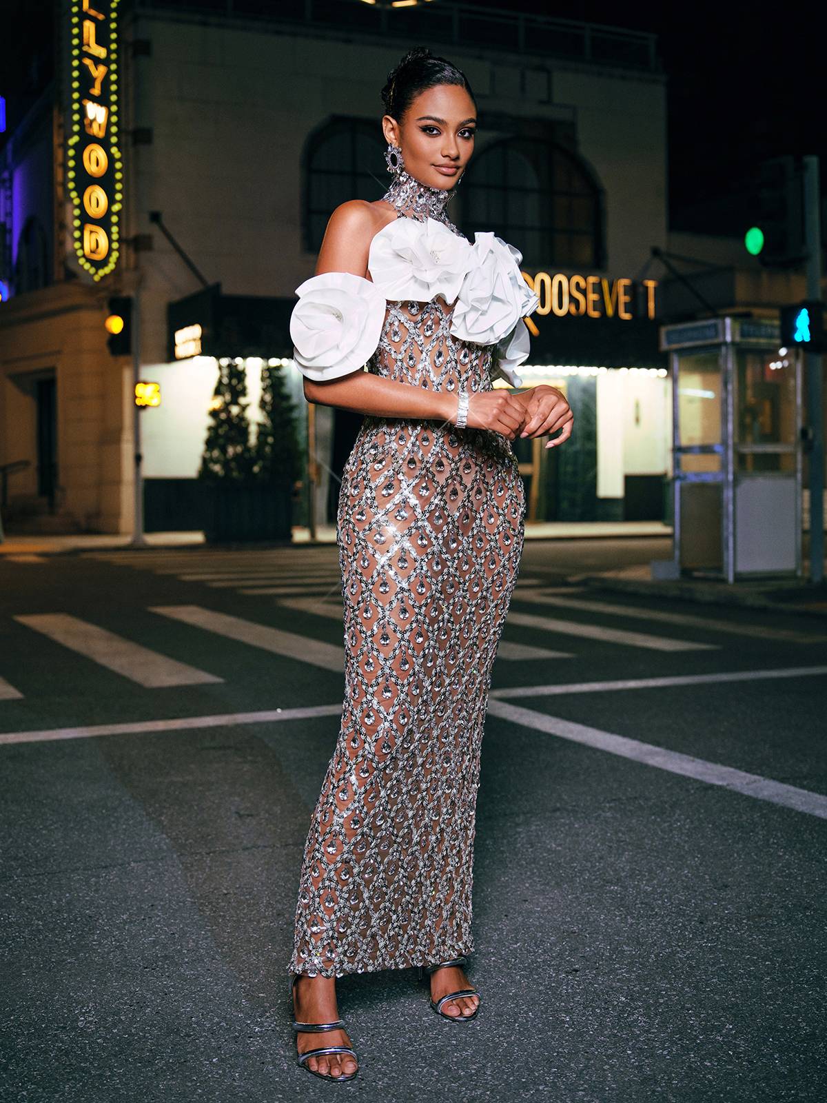 Sequin High Neck 3D Rose Ruffle Mermaid Maxi Dress