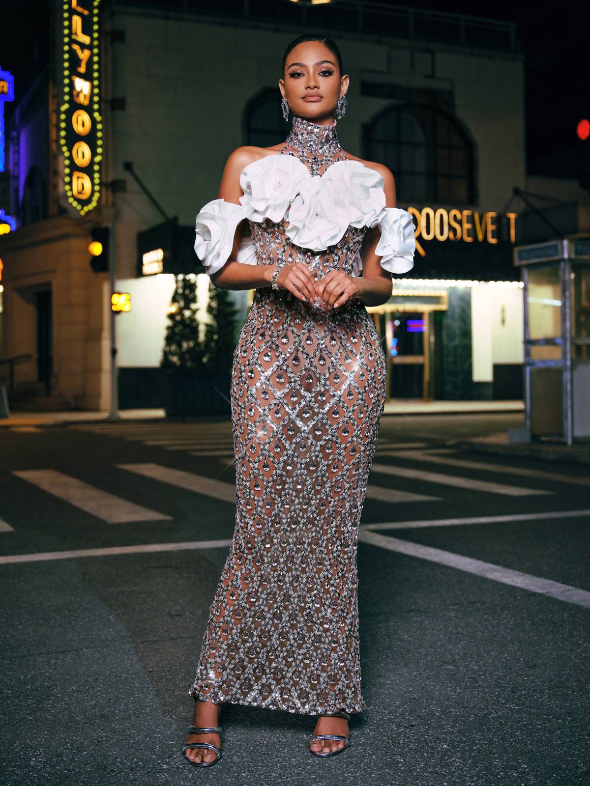 Sequin High Neck 3D Rose Ruffle Mermaid Maxi Dress