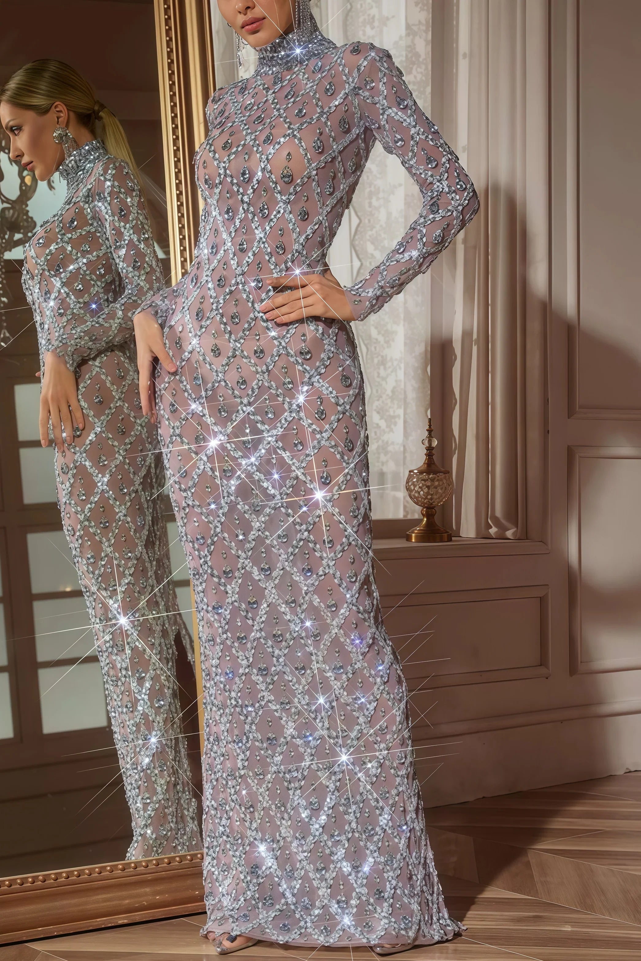 Sequin Crystal High Neck Long Sleeve Sheer Yoke Mermaid Maxi Gown