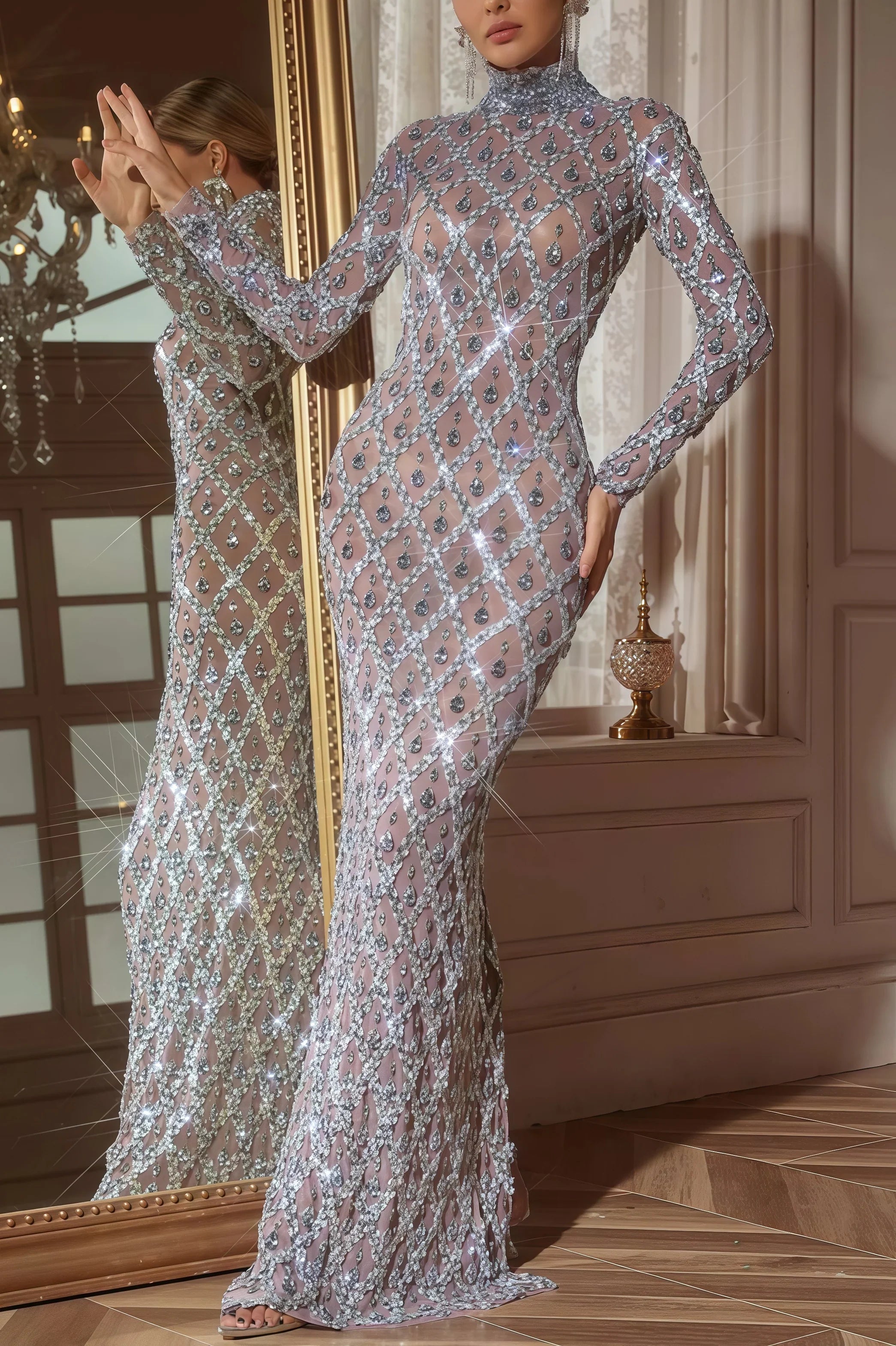 Sequin Crystal High Neck Long Sleeve Sheer Yoke Mermaid Maxi Gown