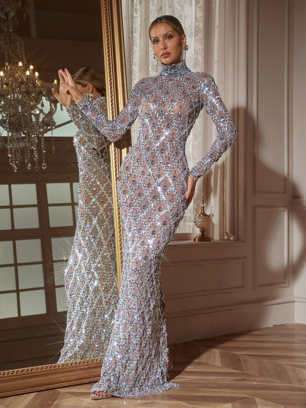 Sequin Crystal High Neck Long Sleeve Mermaid Maxi Gown