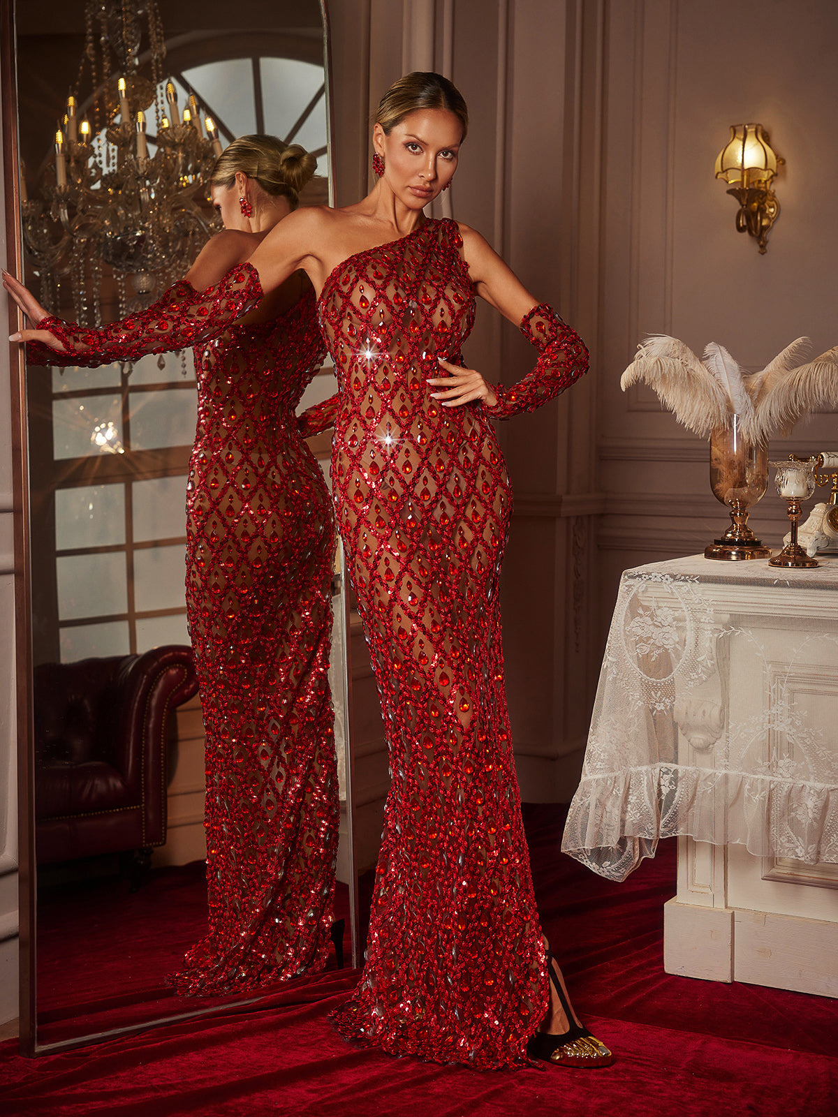 One Shoulder Sequin Crystal Maxi Dress With Gloves In Red