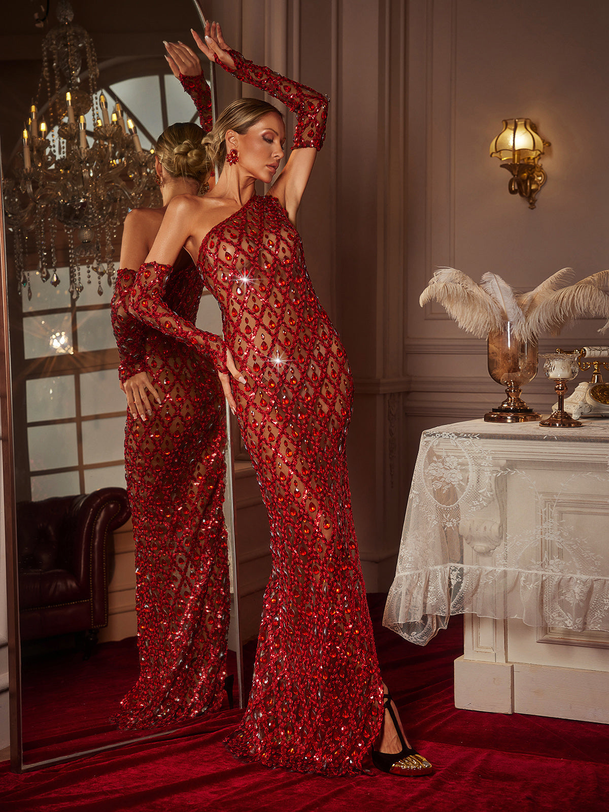 One Shoulder Sequin Crystal Maxi Dress With Gloves In Red - View 5