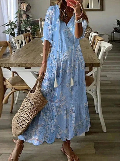 Geometric Print V-Neck Puff Sleeve Tiered Maxi Dress 13