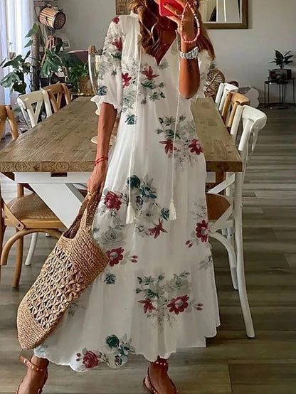 Geometric Print V-Neck Puff Sleeve Tiered Maxi Dress 14