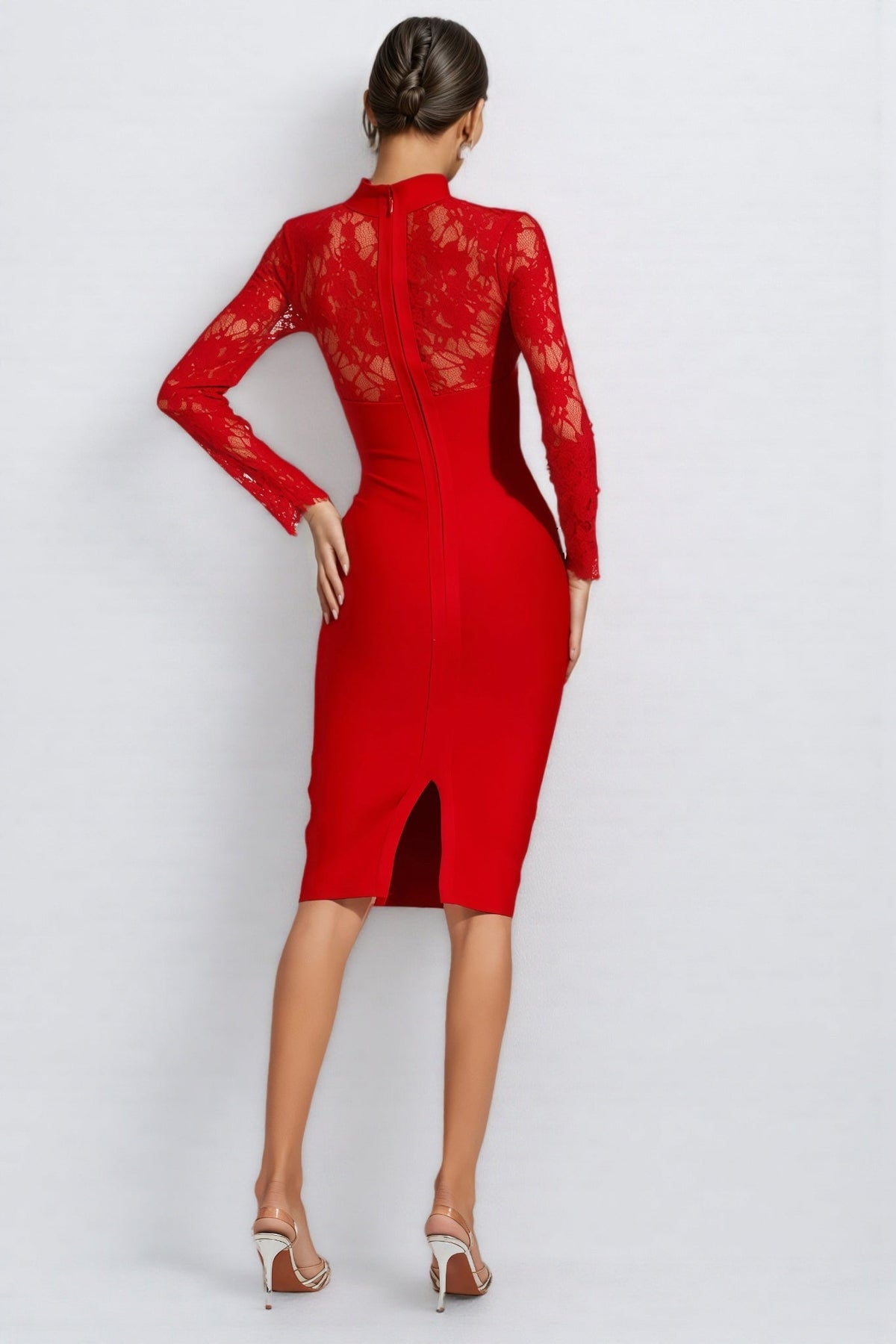 Lace Long Sleeve Mock Neck Cut Out Sweetheart Bodycon Midi Dress 7