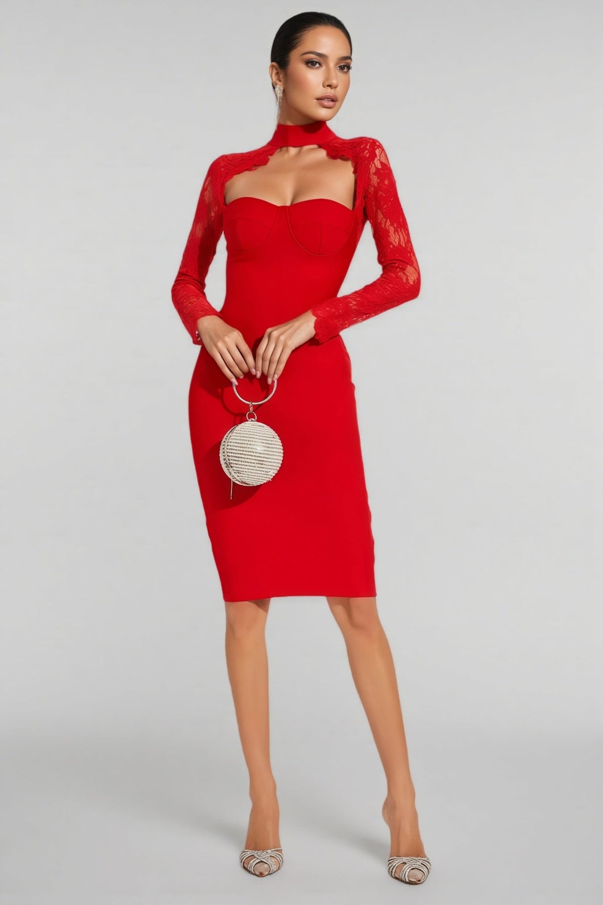 Lace Long Sleeve Mock Neck Cut Out Sweetheart Bodycon Midi Dress 3