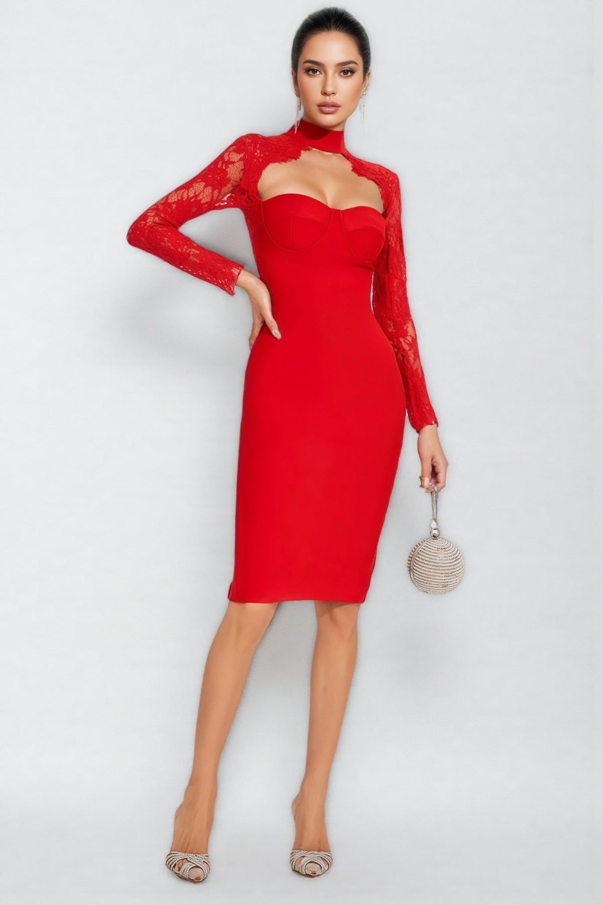 Lace Long Sleeve Mock Neck Cut Out Sweetheart Bodycon Midi Dress