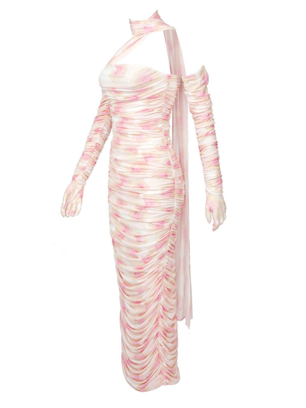 Floral Mesh One Shoulder Ruched Bodycon Maxi Party Dress
