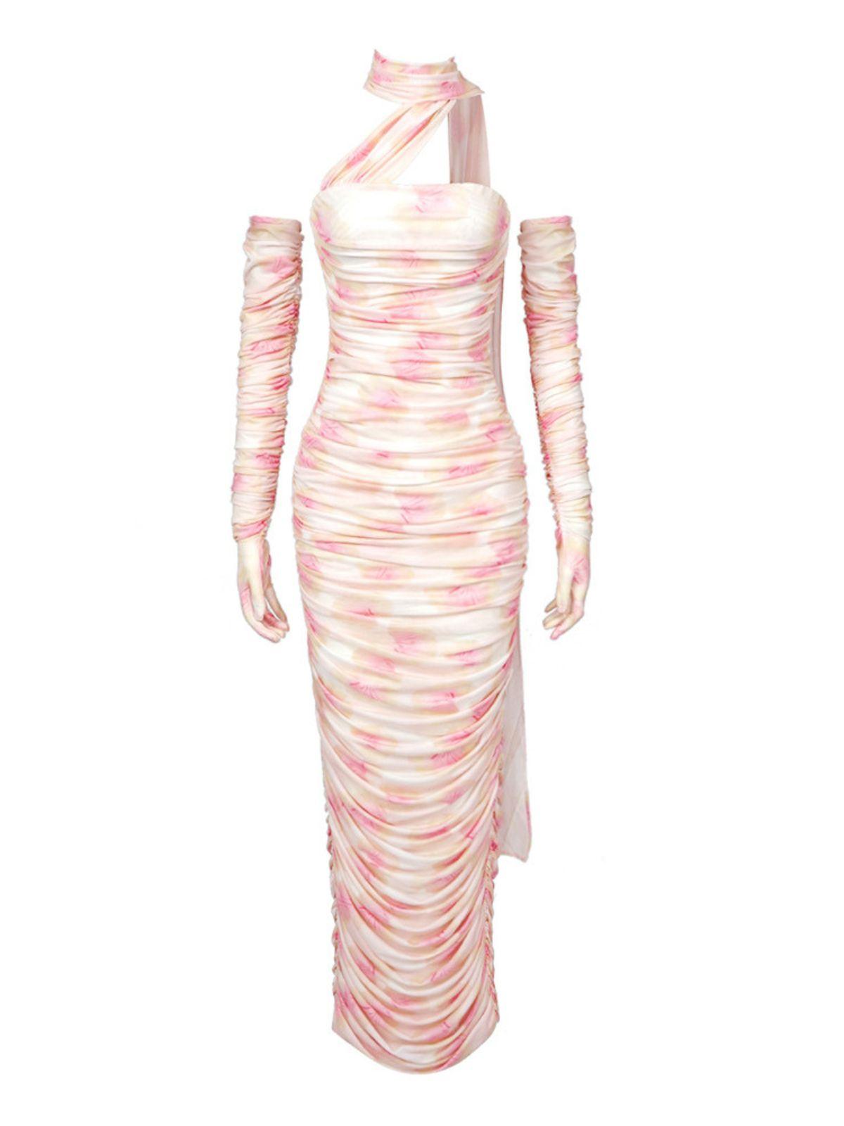 Floral Mesh One Shoulder Ruched Bodycon Maxi Party Dress