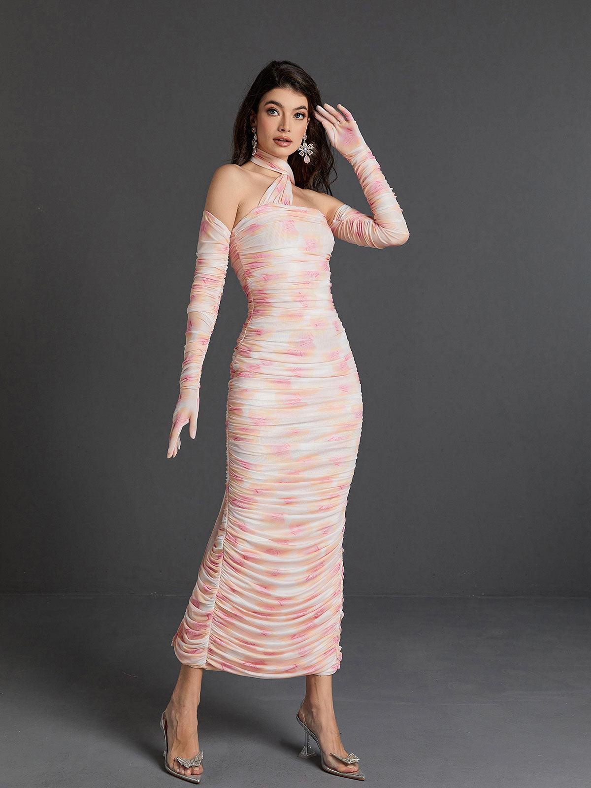 Floral Mesh One Shoulder Ruched Bodycon Maxi Party Dress