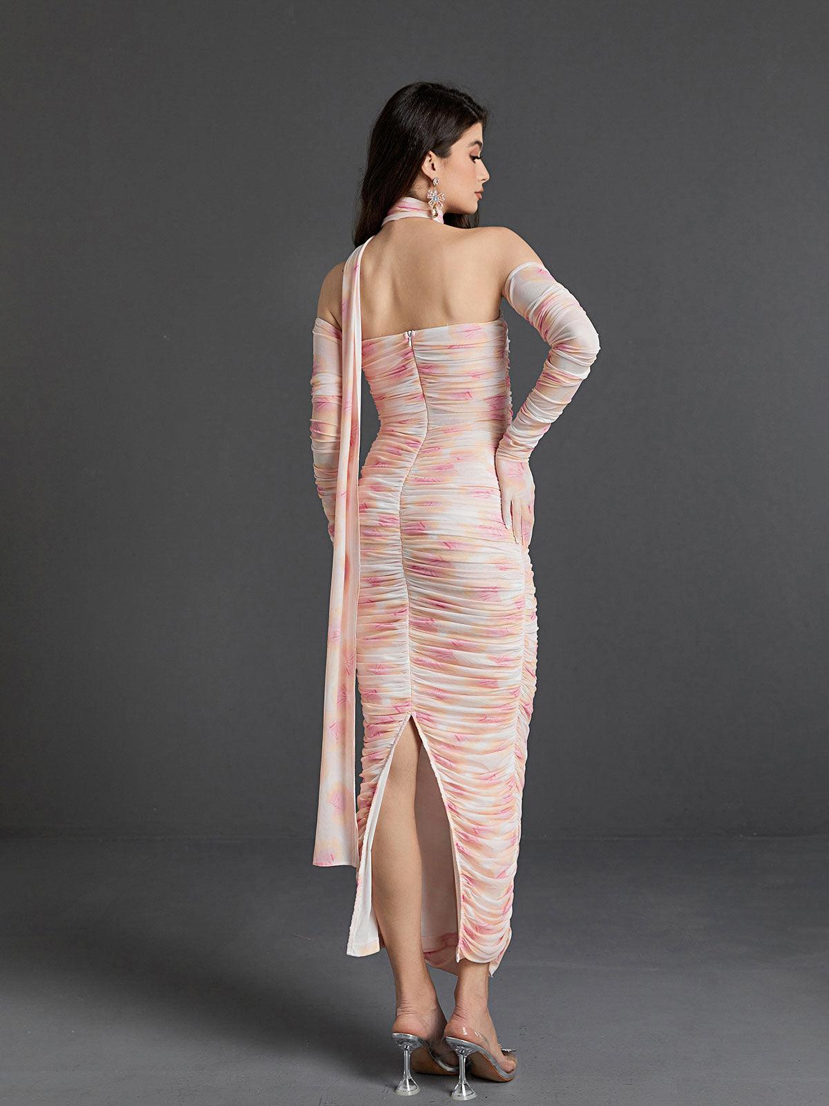 Floral Mesh One Shoulder Ruched Bodycon Maxi Party Dress