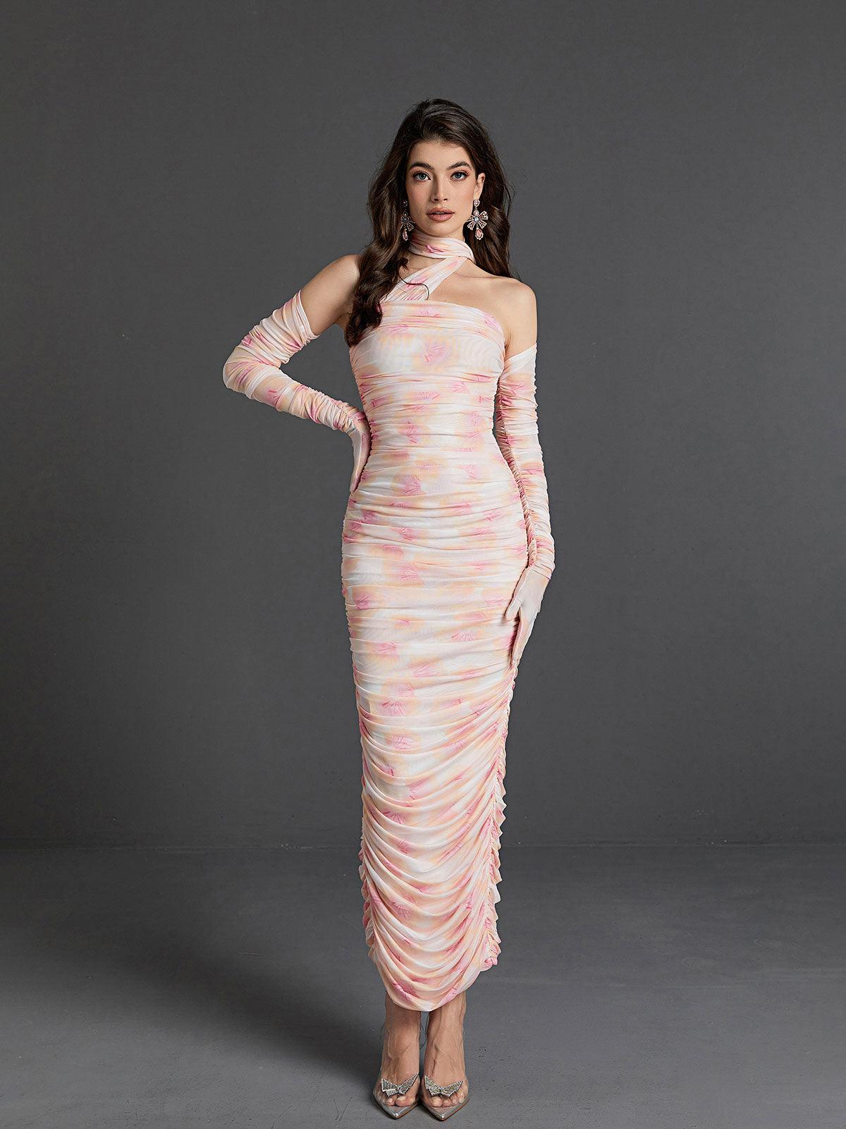 Floral Mesh One Shoulder Ruched Bodycon Maxi Party Dress
