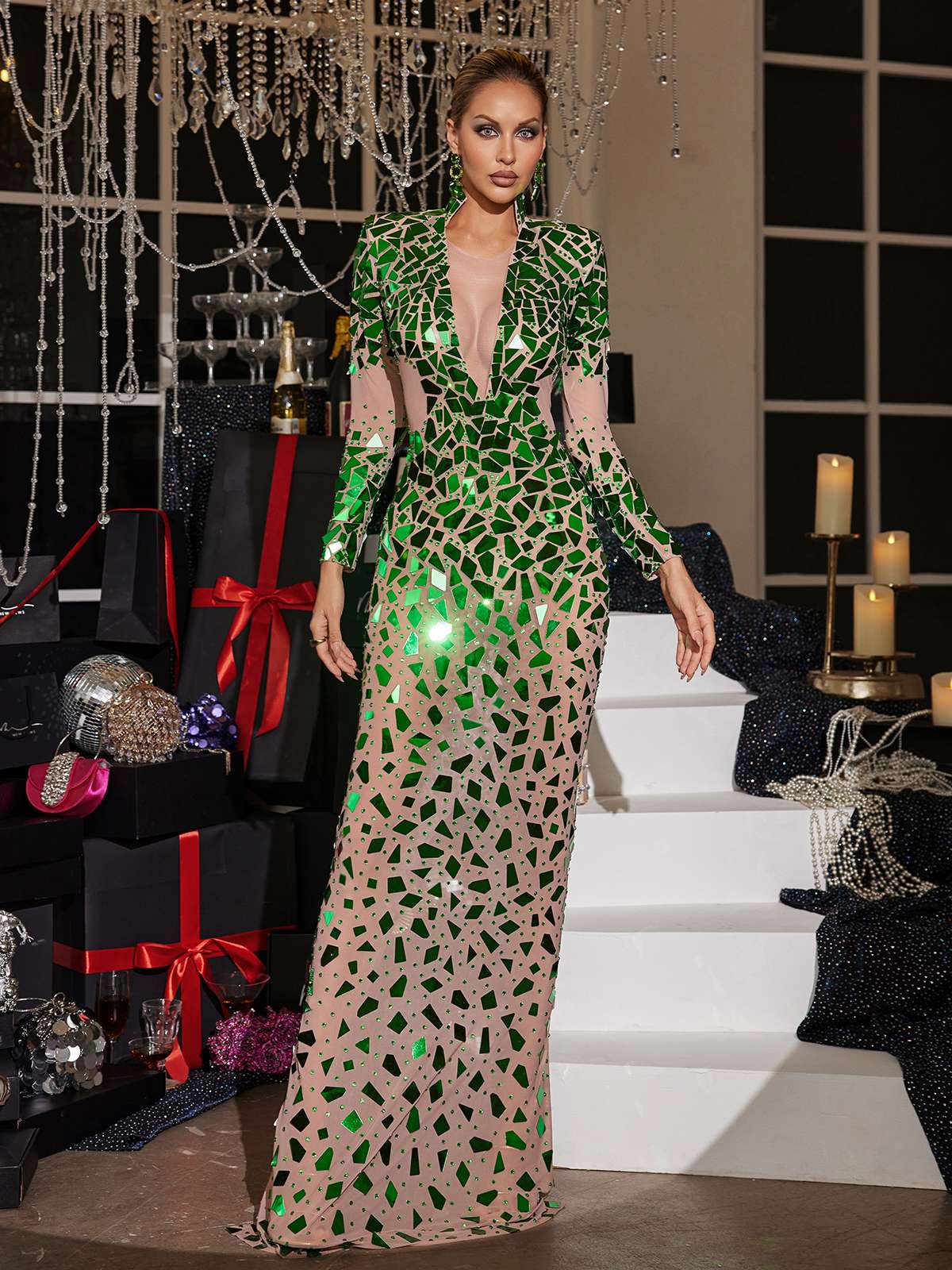 Acrylic Embellished Mesh Maxi Dress - View 4