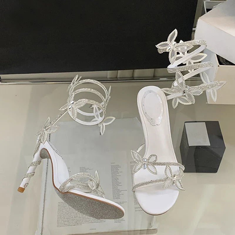 Designer Green Gladiator Rhinestone Butterfly Ankle Strap High Heel