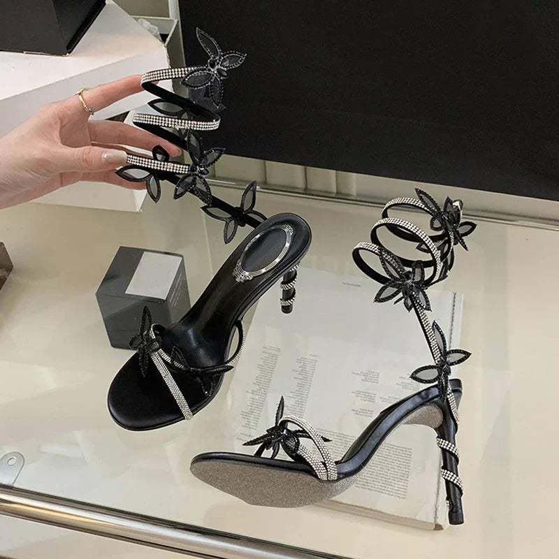 Designer Green Gladiator Rhinestone Butterfly Ankle Strap High Heel