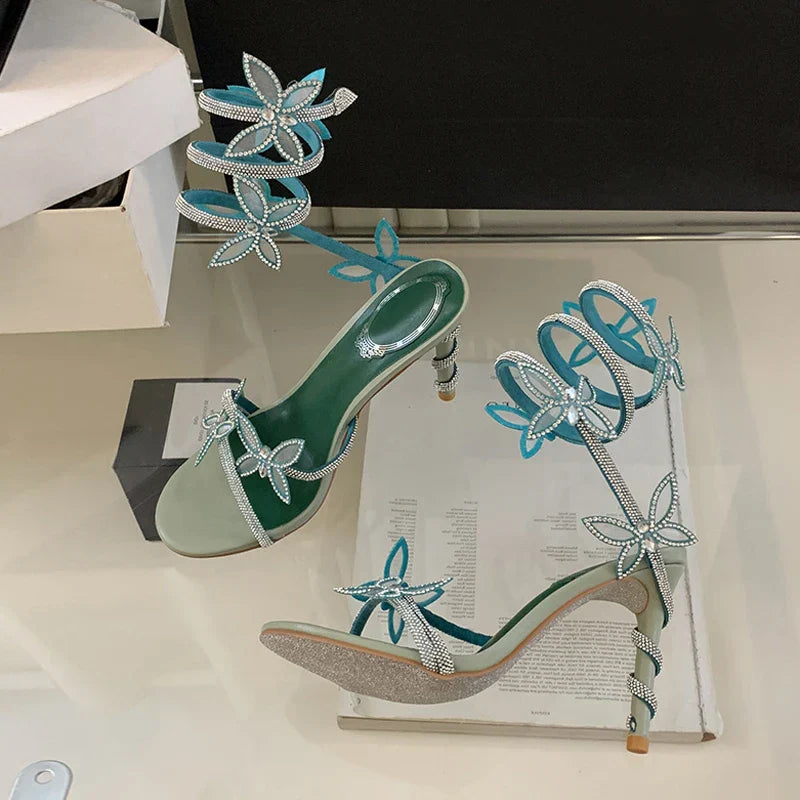 Designer Green Gladiator Rhinestone Butterfly Ankle Strap High Heel