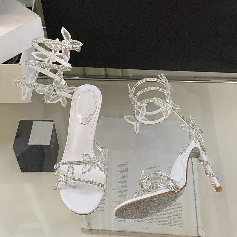 Designer Green Gladiator Rhinestone Butterfly Ankle Strap High Heel