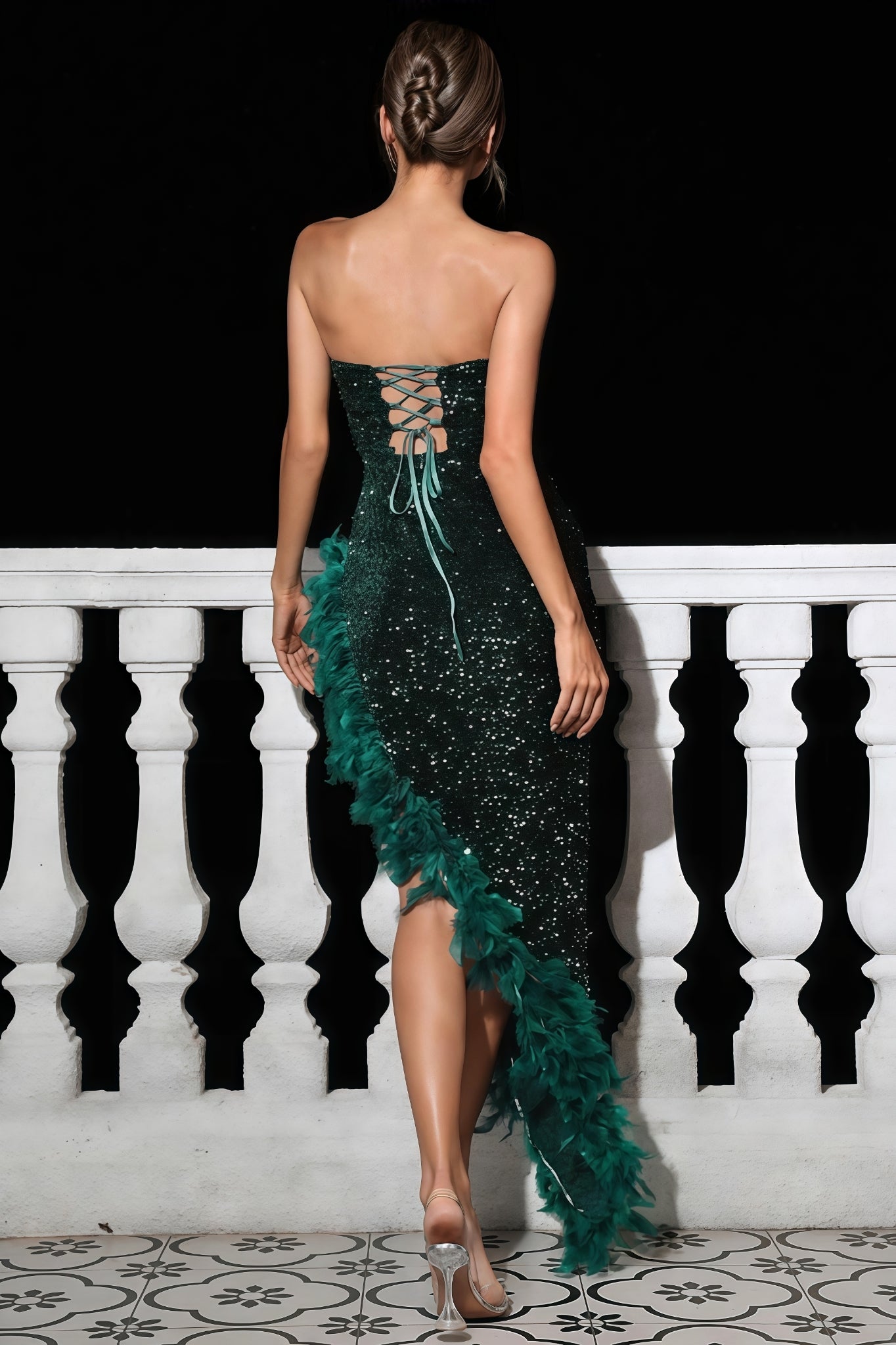Rami Strapless Sequin Feather Trimmed Maxi Dress - View 7