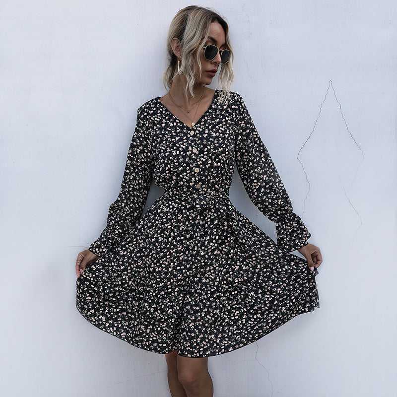 Long Sleeve Floral Chiffon Dress High Waist Black Pleated Dress Spring Autumn Fashion Dress