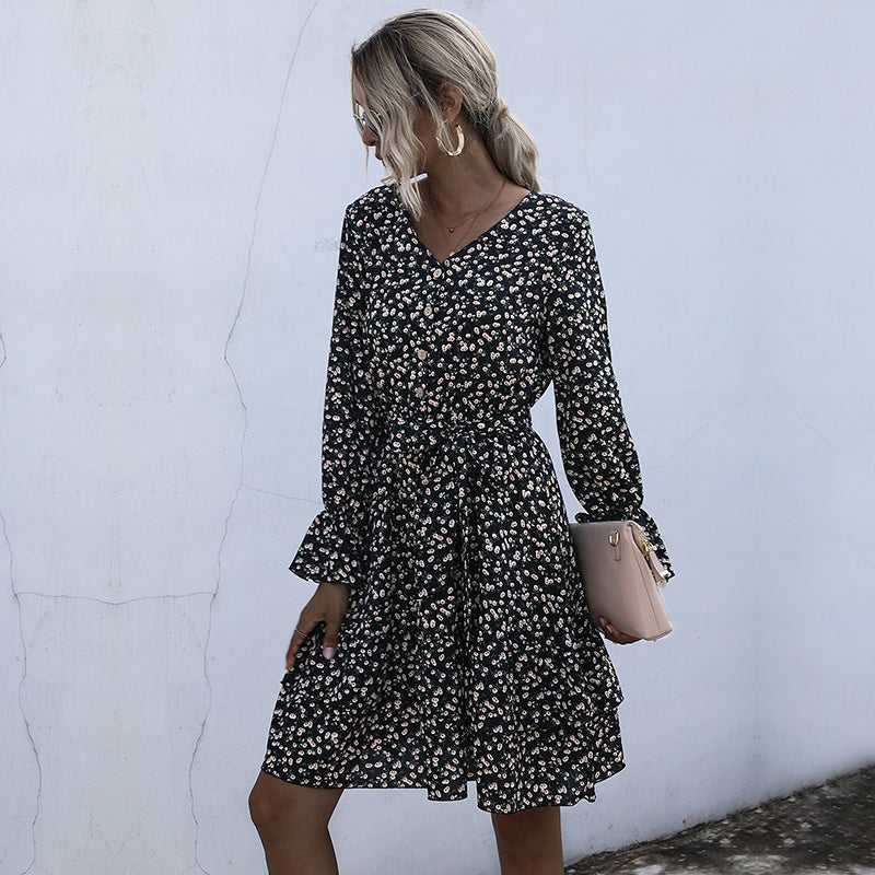 Long Sleeve Floral Chiffon Dress High Waist Black Pleated Dress Spring Autumn Fashion Dress