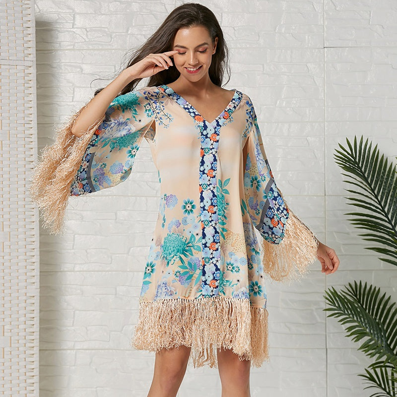 Long Sleeve Floral Print V Neck Tassel Bohemian Belt Waist Midi Dresses