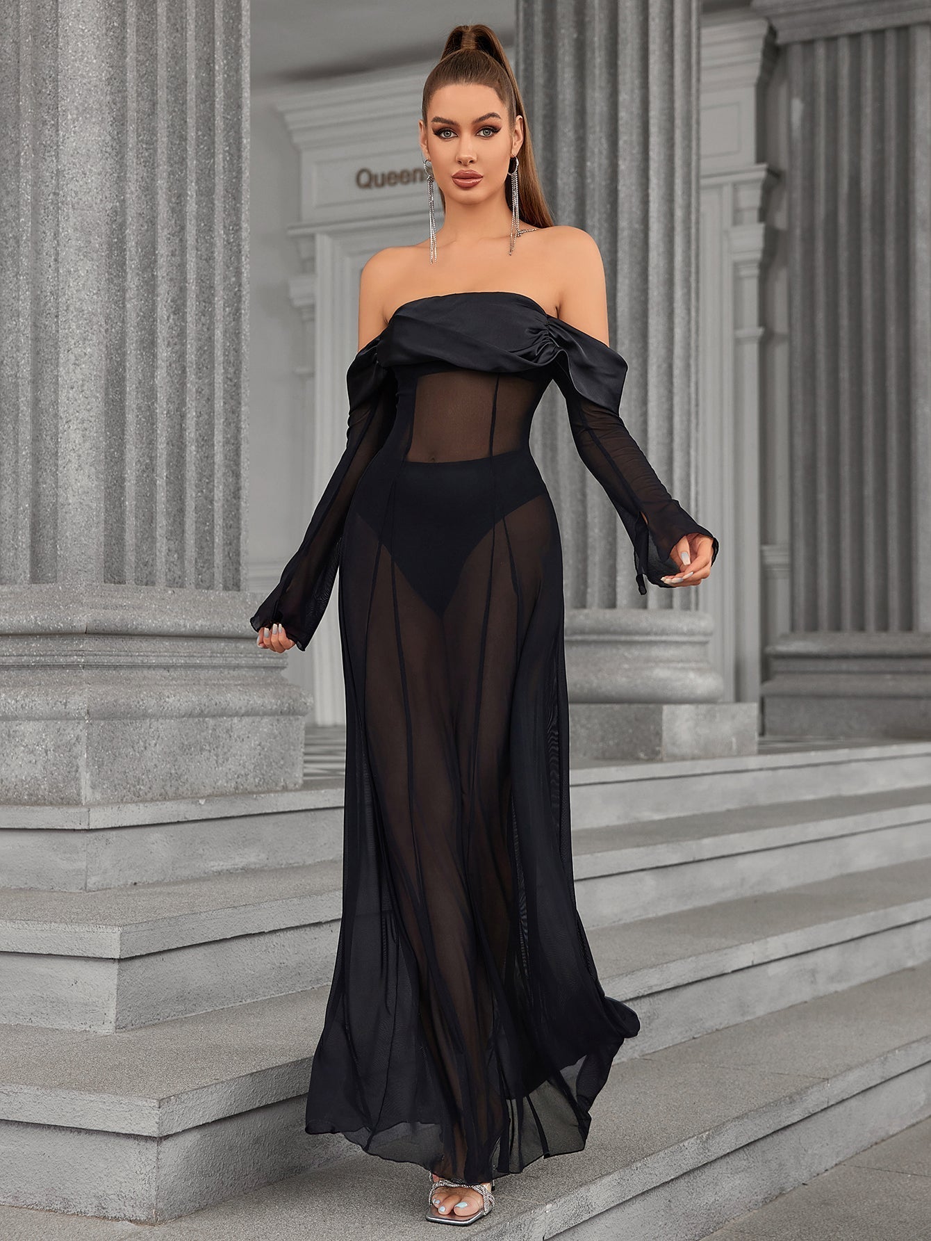 Long Sleeve Off Shoulder Satin Patchwork Mesh Dress - View 5