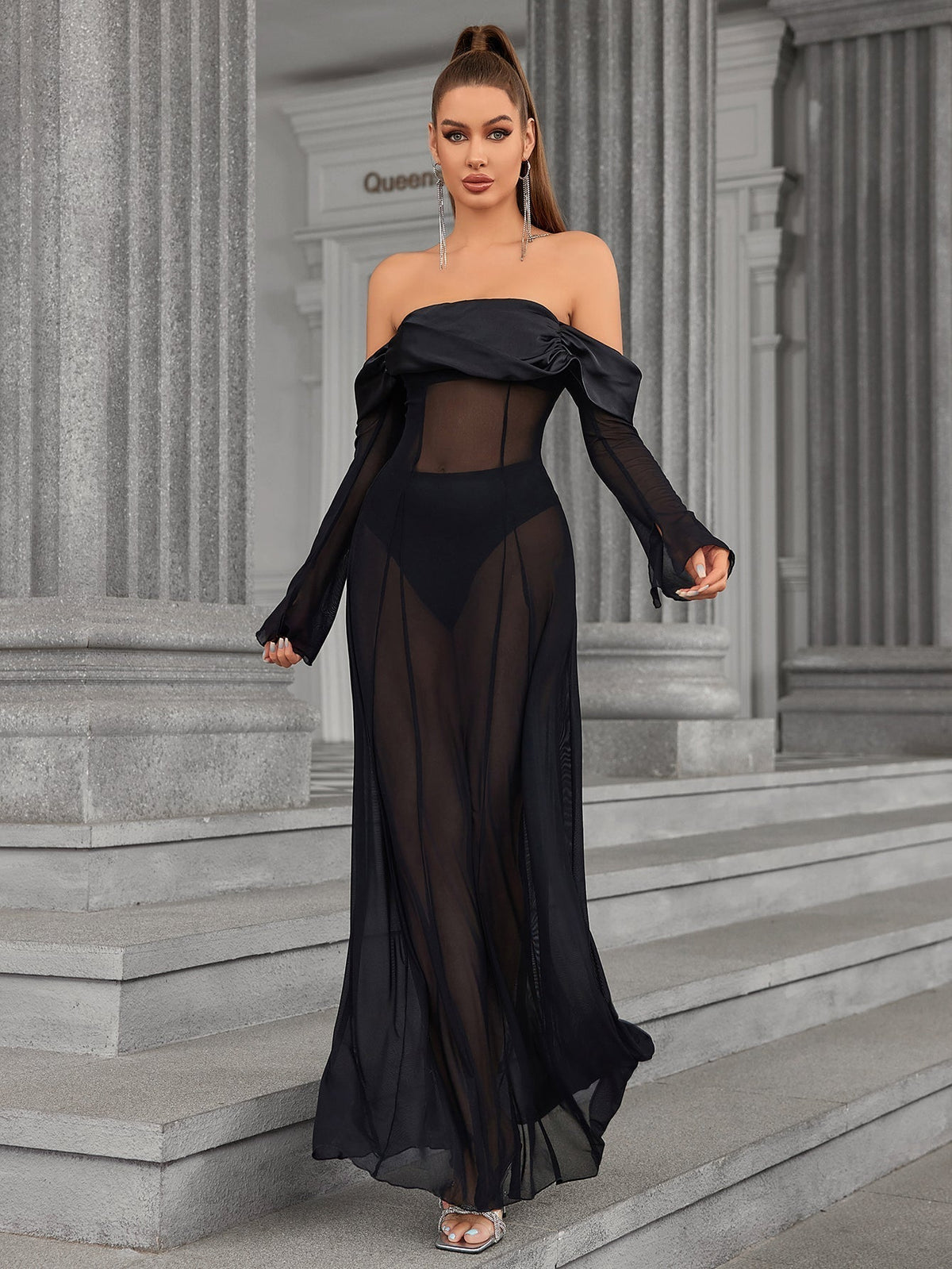 Off Shoulder Long Sleeve Satin Trim Sheer Mesh Maxi Dress 5