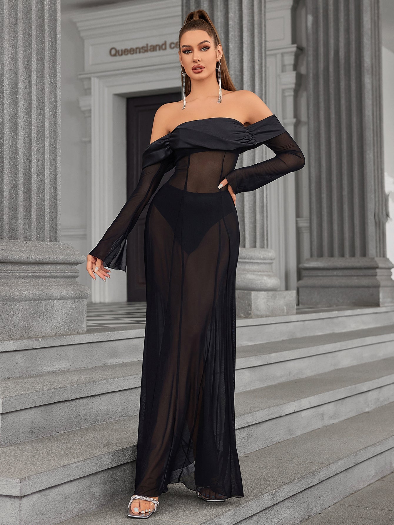 Long Sleeve Off Shoulder Satin Patchwork Mesh Dress - View 4